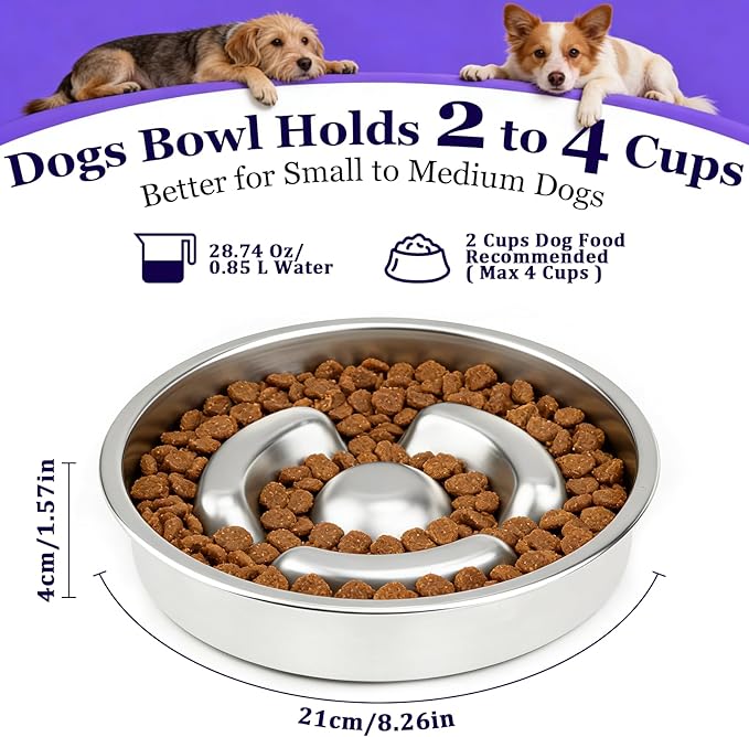 Stainless Steel Slow Feeder Dog Bowl Metal Dog Food Bowl with Non-Slip Mat for Small and Medium Sized Dogs, 2 to 4 Cups Capacity, Dishwasher-Safe, Double-Sided Design for Dry, Wet, or Raw Food