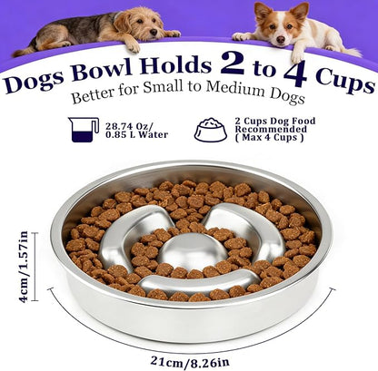 Stainless Steel Slow Feeder Dog Bowl Metal Dog Food Bowl with Non-Slip Mat for Small and Medium Sized Dogs, 2 to 4 Cups Capacity, Dishwasher-Safe, Double-Sided Design for Dry, Wet, or Raw Food