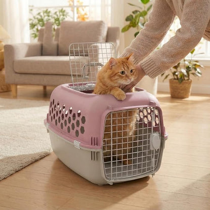 Hard-Sided Pet Carrier for Dogs and Cats | 24-Inch Top-Load Travel Kennel with Double Door Entry | Heavy-Duty Plastic Crate for Vet Visits & House Training, Pink/Gray, Up to 30 lbs Capacity