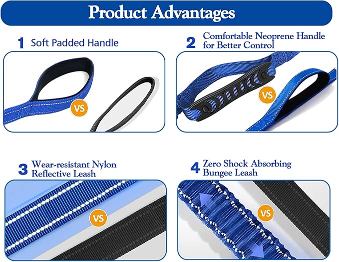 Heavy Duty Dog Leash for Large Dogs, 4-6FT Traffic Padded 2 Handles for Extra Control, Strong Shock Absorbing Bungee with Car Safety Buckle, Reflective for Night Walking