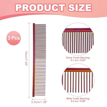 Dog Cat Comb, Pet Combs Stainless Steel Teeth with Rounded Ends for Knots Mats Loose Hair Removal, 7.5IN (Purple Plated, 3 Pack), Grooming Tool Intended for Long Curly Hair Pet