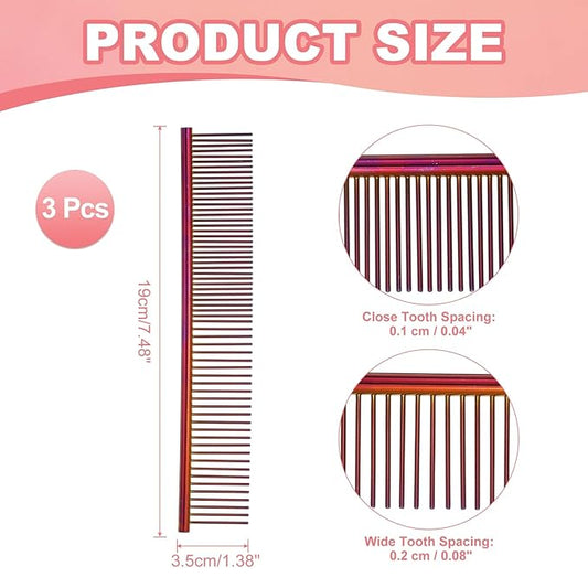 Dog Cat Comb, Pet Combs Stainless Steel Teeth with Rounded Ends for Knots Mats Loose Hair Removal, 7.5IN (Purple Plated, 3 Pack), Grooming Tool Intended for Long Curly Hair Pet