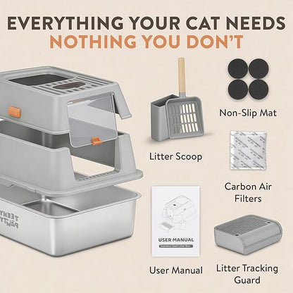 XL Stainless Steel Cat Litter Box with Enclosure and Pooper Scooper - Durable Black Metal Litter Box for Big Cats, High Sides for Anti-Leakage, Never Absorbs Odors, Non-Sticky - (60x40cm) (Gray)