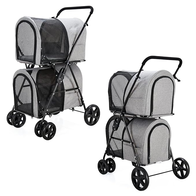 Double Pet Stroller for Dogs and Cats with 2 Detachable Carrier, Quick-Folding Dog Stroller for Medium Small Dogs Cats, 4 Wheels, Light Gray