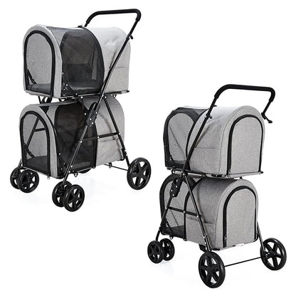 Double Pet Stroller for Dogs and Cats with 2 Detachable Carrier, Quick-Folding Dog Stroller for Medium Small Dogs Cats, 4 Wheels, Light Gray