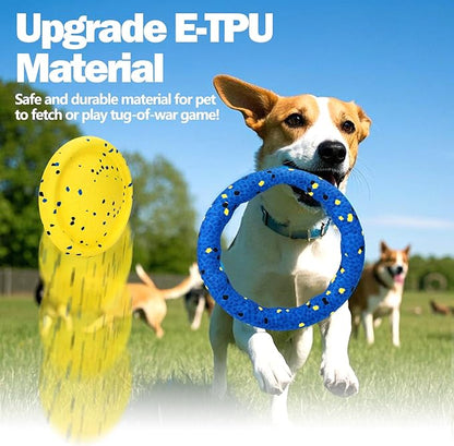 Floating Dog Toys –E-TPU Water Pool Fetching Toy with Rope for Small Medium Large Pet, Ring and Plate Shape Indestructible Interactive Dog Chew Toys for Summer Outdoor Training Fun (Blue+Yellow)