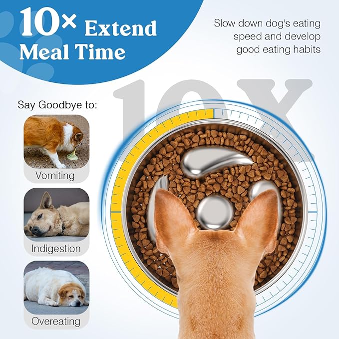 Slow Feeder Dog Bowls, 304 Stainless Steel Dog Slow Feeder Bowl 3.8 Cups Metal Dog Food Bowl with Non-Slip Bottom Shallow Slow Eating Dog Bowl for Small & Medium Breed Stop Bloat, Dishwasher Safe