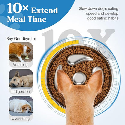 Slow Feeder Dog Bowls, 304 Stainless Steel Dog Slow Feeder Bowl 3.8 Cups Metal Dog Food Bowl with Non-Slip Bottom Shallow Slow Eating Dog Bowl for Small & Medium Breed Stop Bloat, Dishwasher Safe
