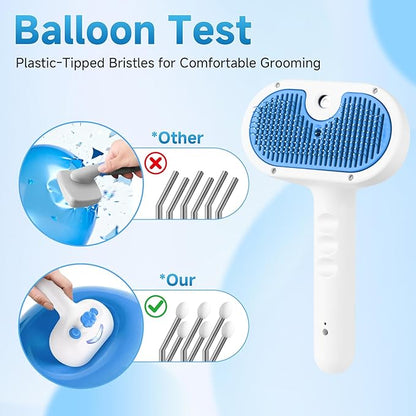 Pet Steam Brush for Dog & Cat - 3-in-1 Steam Grooming Brush for Shedding & Hair Removal - Pet comb leave-in serum with Mist for Long Haired Pets - Includes 2*Waterless Shampoo, Blue