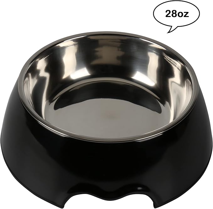 M&BGWPP Melamine Plastic Dog Food Bowl, Non Skid Base，Anti-Slip Pet Feeder Bowls, 2-in-1 Removable Stainless Steel Pet Feeder Holder for Dogs and Cats (28oz 8.66in*2.83in, Black)