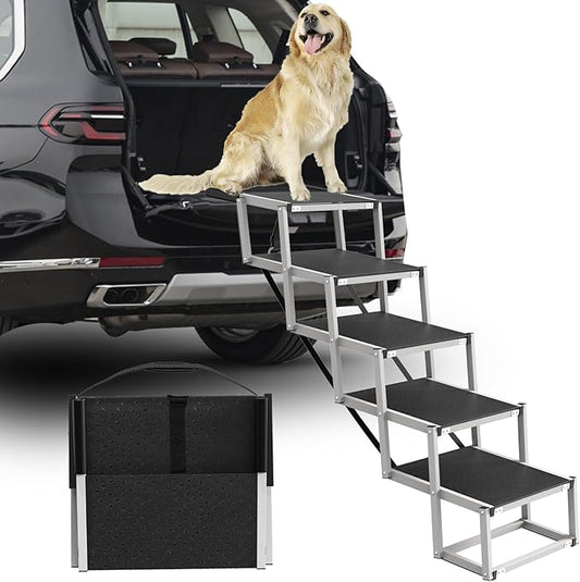 Deergym Dog Stairs for Large Dogs - 5 Step Wide 16in High 34in Foldable Dog Ramp for Car Non-Slip Surface Support up to 230lbs - Suitable for SUV,Truck, Sofas, Bed