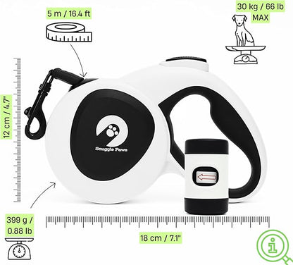 Snuggle Paws Retractable Dog Leash 16ft – Heavy Duty All-in-One Dog Leash with LED Flashlight, Poop Bag Holder, Chew Proof Steel Cable & Reflective Tape – Size M