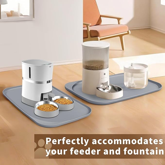 Silicone Pet Food Mat with Raised Edge for Food and Water Bowl, Dog Feeding Mats, Cat Food Trays for Floor Waterproof, Rubber Tray for Dogs and Cats, 22 x 14 x 0.8 Light Gray
