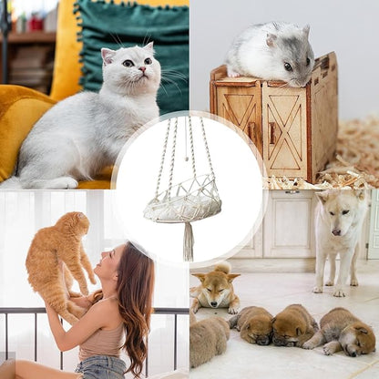 Cat Hammock, Handmade Woven Tassel Hanging Pet Bed for Kitten & Puppy, Pastoral Style Cats Swing Hammock with Cotton Mat for Palying Sleeping Lounging, 40cm