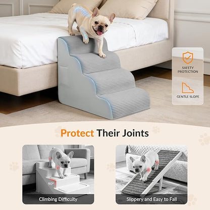 Dog Stairs for Bed Up to 24" H, Extra Height 22.8" 4-Step Pet Steps for Small Dogs and Cats, Non-Slip Sturdy Dog Ramp with Anti-Tip Safety Strap and Washable Cover,Balanced Ramp Indoor Pet Stairs