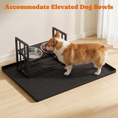 Large Silicone Dog Food Mat with Raised Edge, Waterproof Non-Slip Pet Feeding Mat for Floors, Dog Bowl Mat for Food and Water, Spill Proof Cat & Dog Feeding Placemat, Easy Clean, 34 x 22, Black