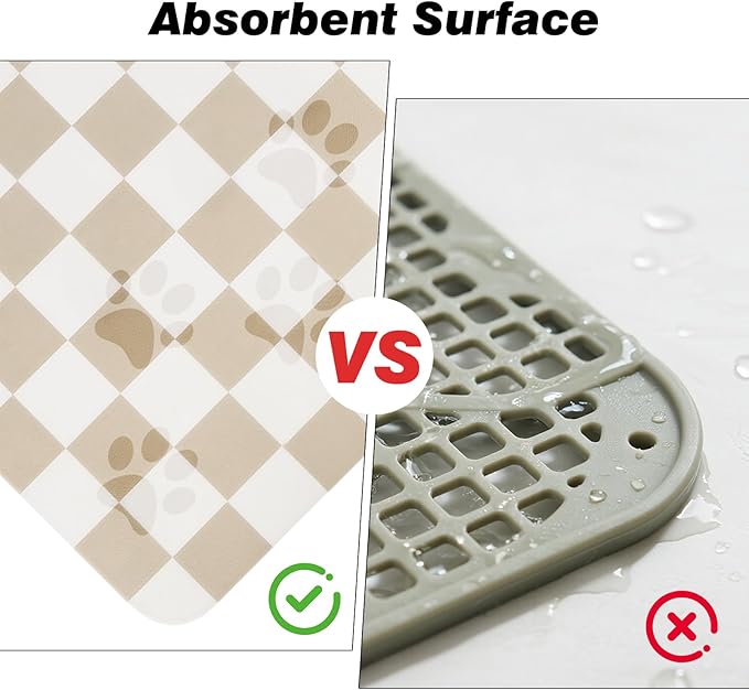 Checkered Dog Food Mat, Absorbent Leak-Proof Pet Feeding Mat, Quick Dry Cat Food Mat for Messy Drinkers 17" x 32" Khaki