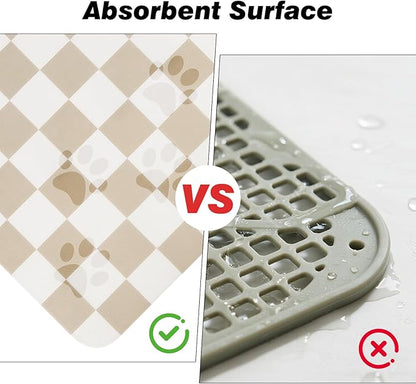 Checkered Dog Food Mat, Absorbent Leak-Proof Pet Feeding Mat, Quick Dry Cat Food Mat for Messy Drinkers 17" x 32" Khaki