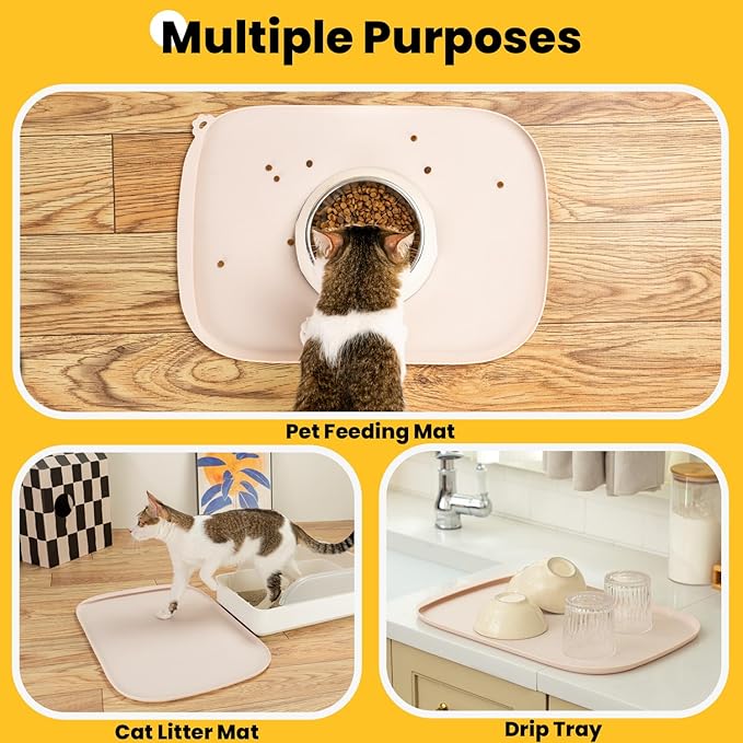 Silicone Dog Food Mat with Side Pocket & Hook Hole, Soft Raised Edges, Easy Clean Waterproof Non-Slip Pet Feeding Mat for Cats and Dogs Water Bowl, Pets Accessories(24"x16",Natural Tan)