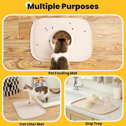 Silicone Dog Food Mat with Side Pocket & Hook Hole, Soft Raised Edges, Easy Clean Waterproof Non-Slip Pet Feeding Mat for Cats and Dogs Water Bowl, Pets Accessories(24"x16",Natural Tan)