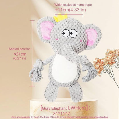 Cute Animals Interactive Squeaky Dog Toy with a Vocal Bladder, Crinkle Paper Stuffed Soft Cotton Chew Toy, Teething Rope Tug of War Pull Toy to Keep Them Busy for Puppy, Small Dogs - Gray Elephant