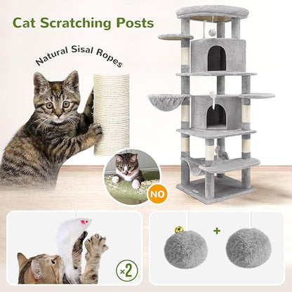Globlazer Corner Cat Tree for Large Cats, 66inch Tall Curved Series Large Cat Tower for Multiple Indoor Cats with 6 Scratching Posts, 2 Spacious Cat Condos, Hammock, Hanging Basket, C66, Light Grey