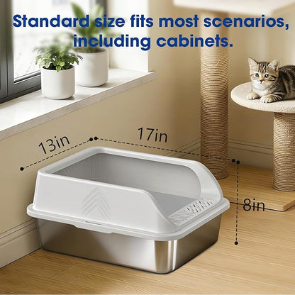 Stainless Steel Litter Box with Lid, Kitten Metal Cat Litter Boxes High Sided Enclosed for Small Cat and Injured Cats Rabbit, Anti-Urine Leakage | Non-Stick Bottom & Includes Scoop