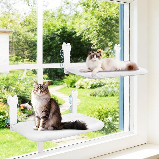 2 Pack Cat Window Perch,Cat Window Hammock Cordless Foldable Window Bed with 4 Large Strong Suction Cup,Reversible Cushion Cover,Metal Frame Easy to Adjust Window Seat Holds up to 40lbs(White