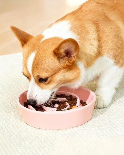 TRUVIC Ceramic Slow Feeder Dog Bowls, 1.5 Cup Puzzle Slow Feeder Bowls for Fast Eaters, Ceramic Dog Food Dish no Black Chin, Puzzle Bowl for Medium Dogs, Pink