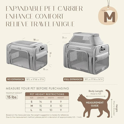 Top-Expandable Pet Carrier with Treat & Pet Window,18x11x11 Inch Delta American United Airline Approved,Soft-Sided Dog Carrier for Small Dogs and Cats,Travel Cat Carrier with Locking Safety Zippers