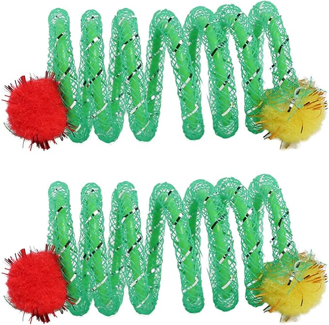 2Pcs Colorful Coils Spring with Plush Ball Cats Chew Toy for Indoor and Outdoor Play Stimulating Curiosity and