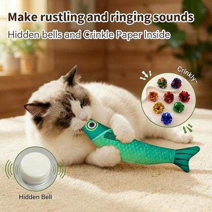 Cat Toys for Indoor Cats with 5000mg Natural Catnip Interactive Kicker Fish Toy of Crinkle Bell Sound Adult Cat Kittens Teeth Cleaning Easter Gifts Red Green