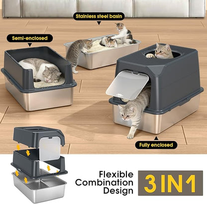 Large Stainless Steel Cat Litter Box with Lid - Odor-Resistant & Enclosed Design, Anti-Leakage & Non-Sticky Surface for Easy Cleaning (Gray)