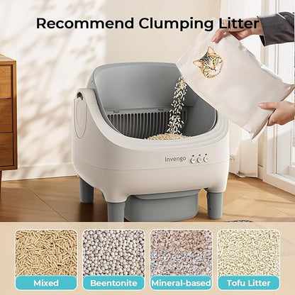 Automatic Cat Litter Box Self Cleaning, App Control, Open-Top Automatic Litter Box with Safety Sensors, Ultra-Quiet, 10.5L Waste Bin with Odor Control, 2 Rolls of Garbage Bags, LightGrey