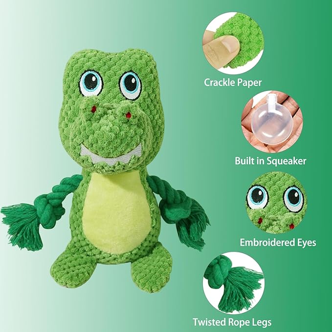 Cute Animals Interactive Squeaky Dog Toy with a Vocal Bladder, Crinkle Paper Stuffed Soft Cotton Chew Toy, Teething Rope Tug of War Pull Toy to Keep Them Busy for Puppy, Small Dogs - Green T.Rex