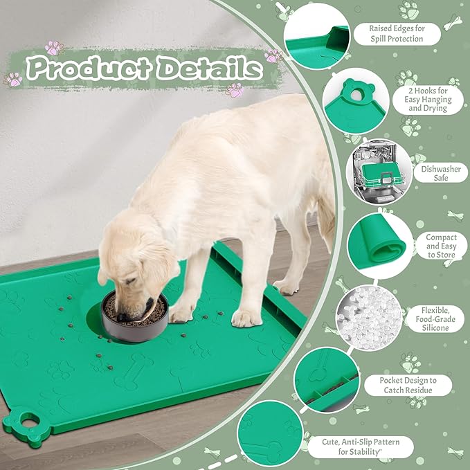 Dog Food Mat, Silicone Dog Mat for Food and Water -Pet Feeding Mats with Residue Collection Pocket, Waterproof Dog Cat Bowl Mats with Raised Edges and Hooks, Placemats for Cats and Dogs Water Bowl