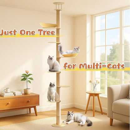 Tinnmao Solid Real Wood Floor to Ceiling Cat Tree, 7 Level Adjustable Height (105"-122"), Modern Climbing Tower with Thickened Wooden Sisal Scratching Posts & Cozy Bed for Indoor Cats Large Adult