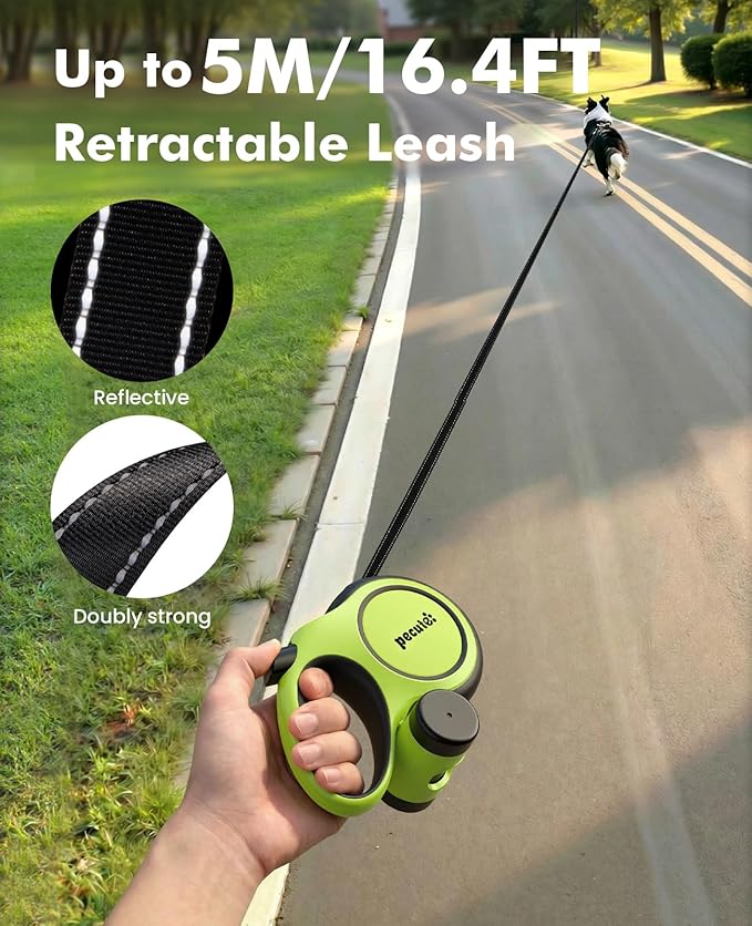 Pecute16ft Retractable Dog Leash with Chew Proof Extender 18'', Lightweight Dog Retractable Leash with Poop Bag Holder, Anti-Slip Grip, Leashes for Puppy and Medium Dogs 11lbs-66lbs (Green)