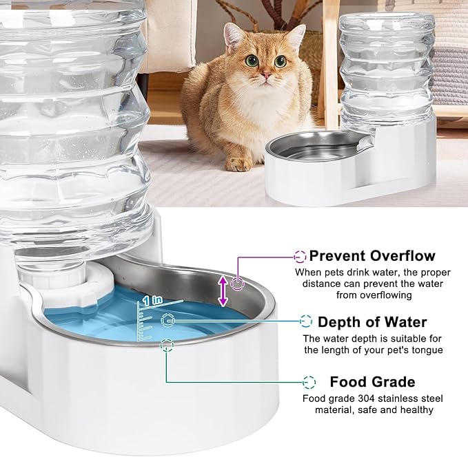 RIZZARI Dog Water Bowl Dispenser: 5L Large Stainless Steel Gravity Feeder - Remove Odor/Soften Water - Prevent Urinary Stones to Extend Lifespan - Leak-Proof - for Small to Medium-Sized Dogs and Cats