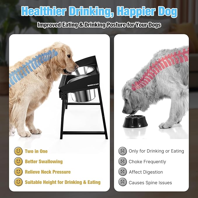 Bobbie & Laxi Elevated Dog Bowls for Large Dogs, 15-inch Tall Raised Dog Bowl Stand with Plastic Guard, Tilted Spill Proof Dog Bowl Design, Stainless Steel Food and Water Bowls for Mess-Free Floors