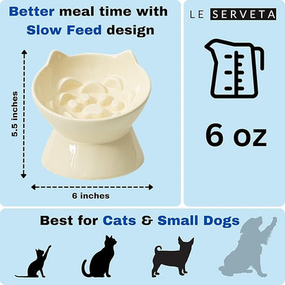Macarons Series Ceramic Slow Feeder Cat Bowl, Raised Puzzle Feeder, Anti Vomiting Cat Slow Feeding, Elevated Food Bowl, Whisker Friendly Pet Bowl with Cute Ear Design (Yellow)