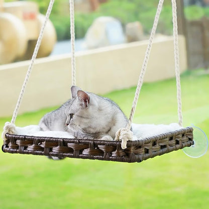 Cat Window Perch, Cat Window Hammock Bed for Indoor Cats, Large Handwoven PE Rattan Window Seat, 4 Suction Cups, Double Sided Washable Cushion Bed, 2.3 Inch Fence Shelf, for Pet Kittens Brown