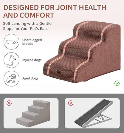 Made4Pets Dog Stairs Ramp for Small Dogs 15.7" H, 3-Step Dog Steps for Bed Couch Sofa and Chair, 35D Foam Pet Steps for Small Dogs and Cats, Non-Slip Bottom Pet Stairs, Brown