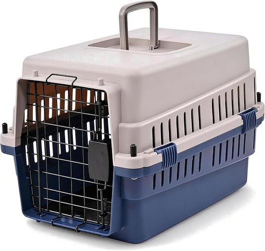Hard-Sided Pet Carrier for Cats and Small Dogs, 20" Sturdy Travel Kennel with Secure Wire Door & 360° Ventilation, Portable Plastic Crate for Vet Visits & Car Travel (Blue/Grey)