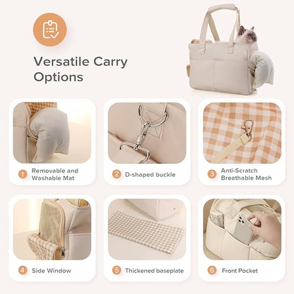 Dog Purse Carrier for Small Dogs & Puppies Up 10 Lbs, Soft Cotton Tote Pet Shoulder Bag with Pockets, Foldable & Washable Breathable Puppy Carrier for Yorkie, Chihuahua & Cats - Beige