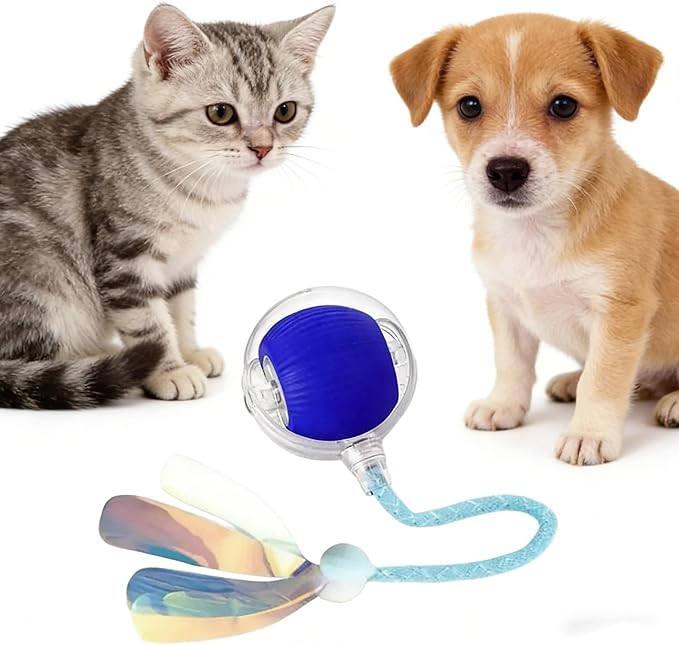 RightBliss Automatic Interactive Cat Dog Toy with Elastic Tail: Chirping Sound, Smart Obstacle Avoidance for Indoor Cats & Kittens (Feathered-Tail Blue Ball)