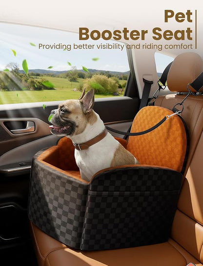 Dog Car Seat for Small/Medium Dogs Up to 35 lbs, Elevated Memory Foam Dog Booster Seat with 2 Safety Belts, Travel Safety Pet Car Seat with Detachable Washable Cover and Storage Pockets (Black/Brown)