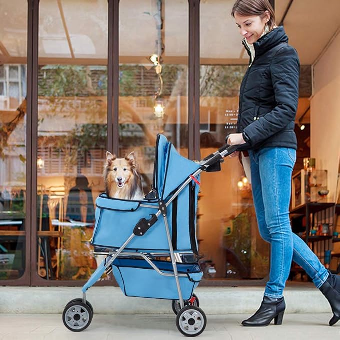 BestPet | 3-Wheel Pet Stroller | Dog and Cat Stroller | Breathable Mesh | Lightweight Travel Carrier | Waterproof & Foldable Design | Storage Basket | Black | for Daily Walks & Outdoor Use