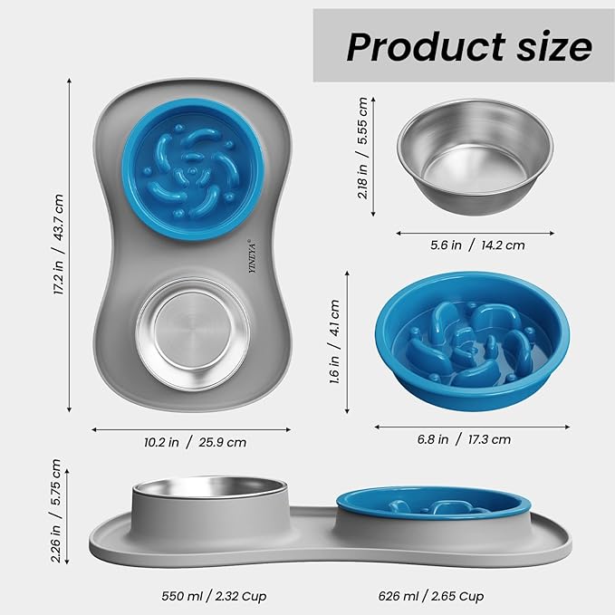 Slow Feeder Dog Bowls Stainless Steel Food and Water Bowl Set 3 in 1 No Spill Waterproof Silicone Pet Food Mat Puppy Feeding Station for Large Medium Small Breed Non Slip Metal Dish Tray by YINEYA