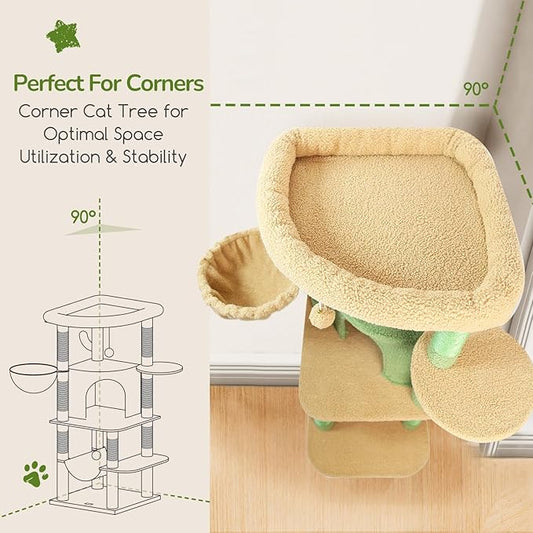 Globlazer Cactus Corner Cat Tree Tower with Scratching Post for Indoor Cats, 51in Multi-Level Cat Condo Tower with Large Hammock, Fan-Shaped Padded Perch, Spacious Cat Cave, Hanging Basket, C51, Green